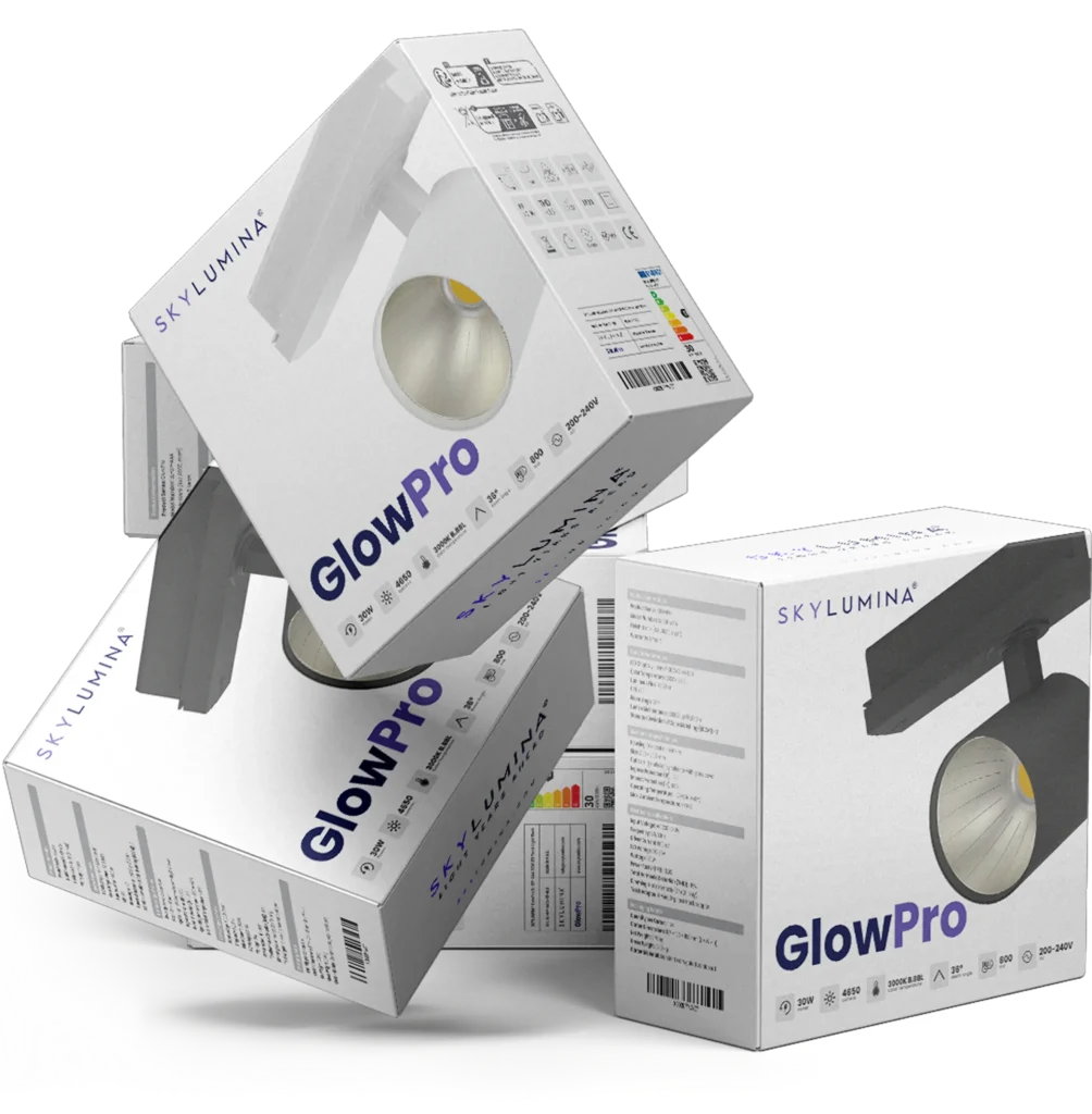 GlowPro Verpackungen in Schwarz und Weiß auf Sockel